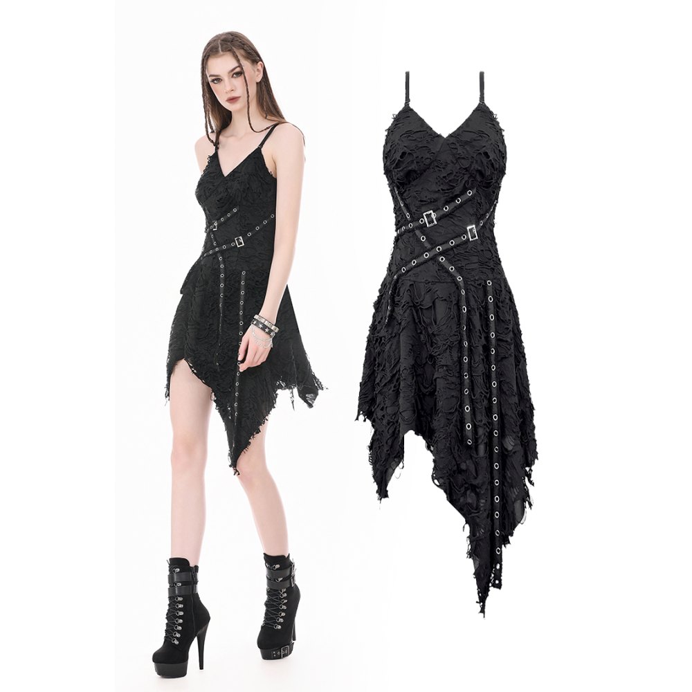 Dark in Love - PostApocalyptic with Shredded Texture and Metallic Buckle Harness Short dress - Black